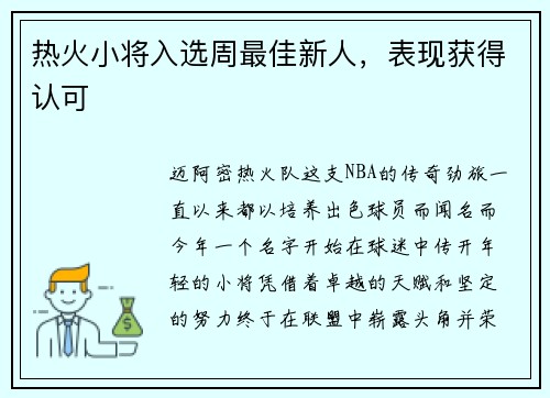 热火小将入选周最佳新人，表现获得认可