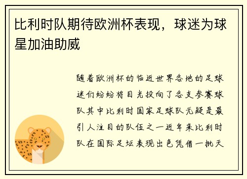 比利时队期待欧洲杯表现，球迷为球星加油助威